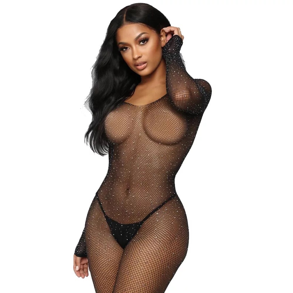 One piece fishnet body suit. Black with rhinestones